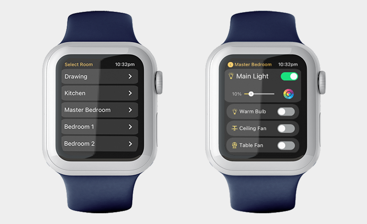 A user interface design for a wearable smartwatch app aimed at controlling home automation systems. The screen displays various smart home devices and applications, such as lights, thermostats, security cameras, and more. Each device is represented by an icon or button, allowing users to easily interact with and control them directly from their smartwatch. The interface features a clean and intuitive layout, with options for toggling devices on and off, adjusting settings, and monitoring activity. The design prioritizes ease of use and accessibility for users managing their home automation from their wearable device.